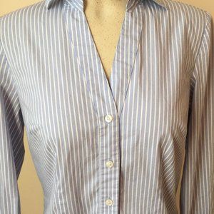 ANN TAYLOR PIN STRIPED BUTTON UP BLOUSE PERIWINKLE